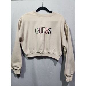 VTG 90s GUESS Embroidered Chest Logo Sweatshirt Classic Cropped Beige MED / LRG